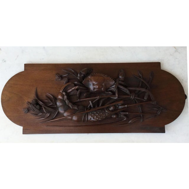 Japonisme Asian Wood Carved Wall Plaque with Crab and Lobster For Sale - Image 3 of 8