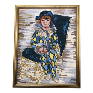 Original Hand Done Vintage Picasso Needlepoint Picture Harlequin Boy 1970’s For Sale