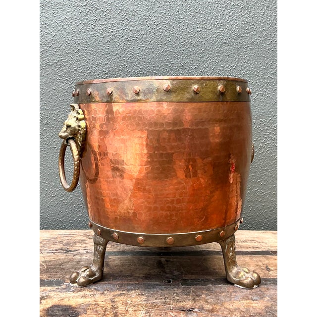 Vintage English Hammered Copper and Brass Paw Foot Planter For Sale - Image 4 of 12