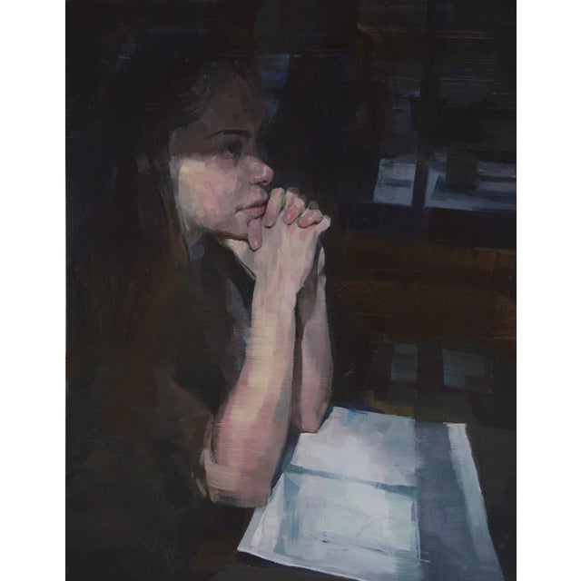 Halfway by Elena Burykina | Oil on a flat panel Portrait of a woman with hands clasped in thought. For Sale