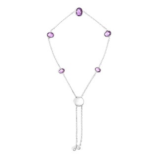 .925 Sterling Silver Bezel Set Purple Amethyst 5 Station Adjustable Bolo Bracelet For Sale