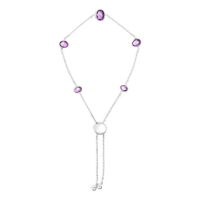 .925 Sterling Silver Bezel Set Purple Amethyst 5 Station Adjustable Bolo Bracelet For Sale