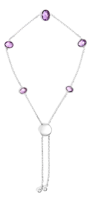 .925 Sterling Silver Bezel Set Purple Amethyst 5 Station Adjustable Bolo Bracelet