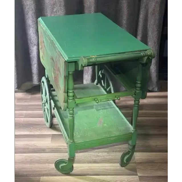 Asian Antique 1920s Paalman Furniture Co Green Drophandle Teawagon Tea Cart W/ Asian Motif For Sale - Image 3 of 10