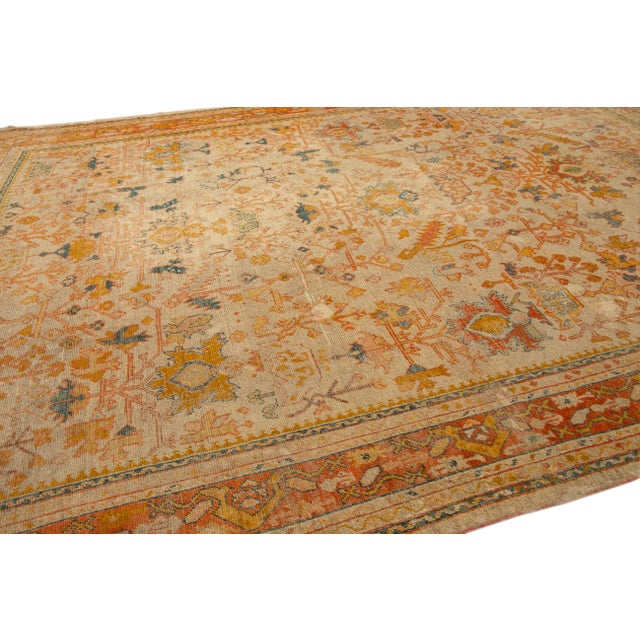 Textile Antique Turkish Oushak Handmade Orange Floral Motif Wool Rug For Sale - Image 7 of 10