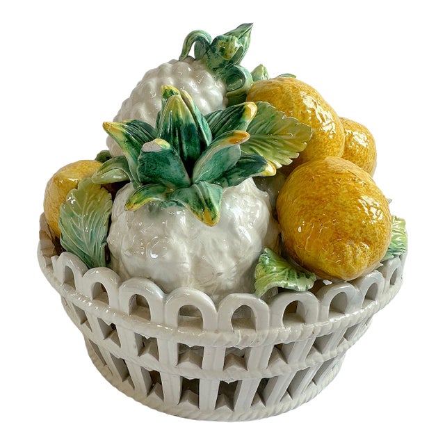 1970s Large Italian Majolica Trompe l'Oeil Tropical Fruit Basket Basket For Sale
