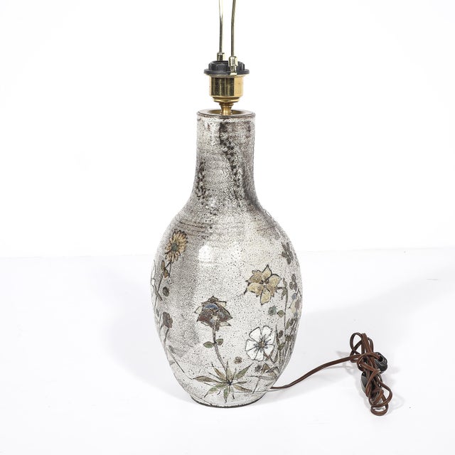 Mid-Century Gray Glazed Ceramic Table Lamp With Floral Motifs by Paul Quéré For Sale - Image 9 of 14