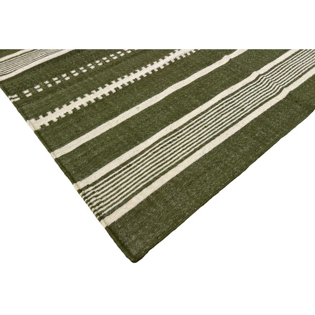 Handmade Woolen Flat Weave Rug, Olive Green and White Striped Wool Rug - 8'x10' For Sale - Image 9 of 13