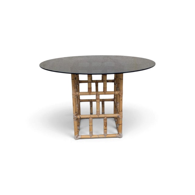 Wood Table in Wicker Wood and Smoked Glass, 1970s For Sale - Image 7 of 7