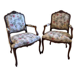 Early 20th Century Antique French Louis XV Style Upholstered Carved Mahogany Arm Chairs - Set of Two