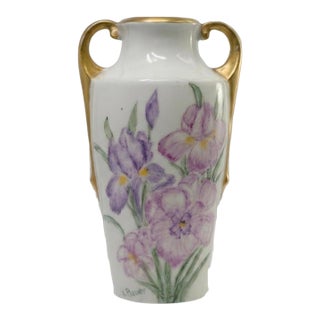 Antique Signed v. Bauer Hand-Painted Iris Porcelain Vase For Sale
