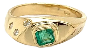 Natural Emerald 18k Gold Bezel Set and Floating Round Diamond Ring Size 6.25
