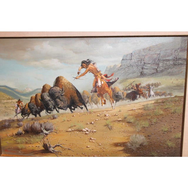 Native American Original Large Western Buffalo Hunt Oil Painting by Pt Mendoza For Sale - Image 3 of 8