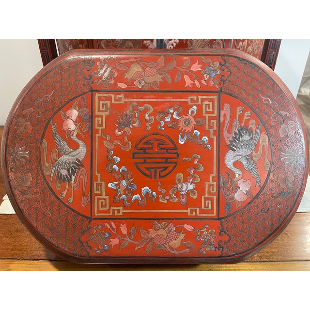 A Large Antique Chinese Red Lacquered Four-Tier Stacking Wedding Basket/Box. For Sale - Image 11 of 12