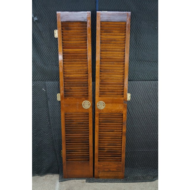 Pair Mid-Century Chinoiserie Elm Louvered Double Bi Fold Doors Brass Shou Pulls For Sale - Image 4 of 18