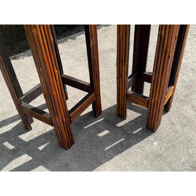 Wood Vintage Graduated Bamboo & Rattan Pedestal Plant Stands, Pair For Sale - Image 7 of 10