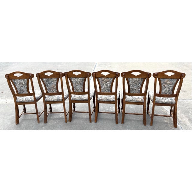 Vintage French Country Oak and Upholstery Dining Chairs - Set of 6 For Sale In Dallas - Image 6 of 11