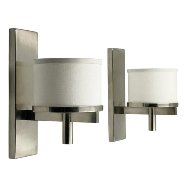 Paul Marra Designs Polished Nickel & Linen Wall Sconces - a Pair For Sale