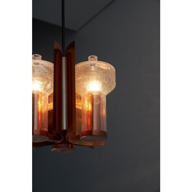 Metal Mid-Century Hanging Light in Brass with 3 Textured Glass Sconces, 1960 For Sale - Image 7 of 13