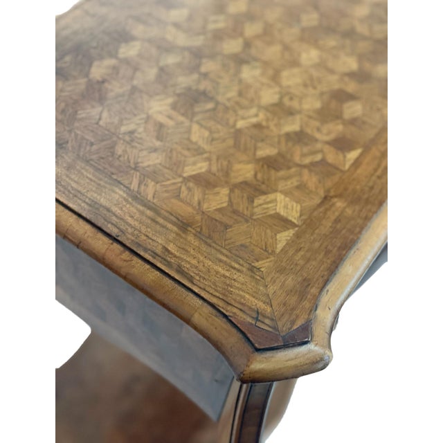A French marquetry dressing table circa 1890. Featuring exquisite geometric cube pattern on the top, drawer fronts and...