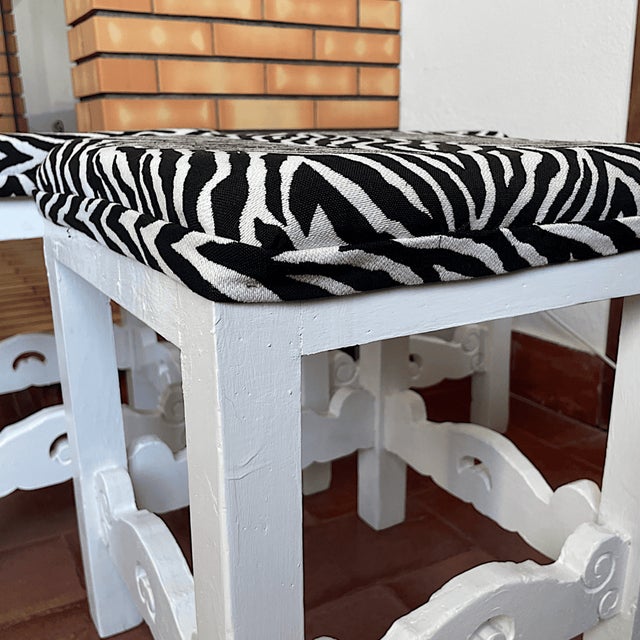 Vintage Portuguese Rustic Wood Stool White with Zebra Fabric Upholstery, 1940s For Sale - Image 13 of 18