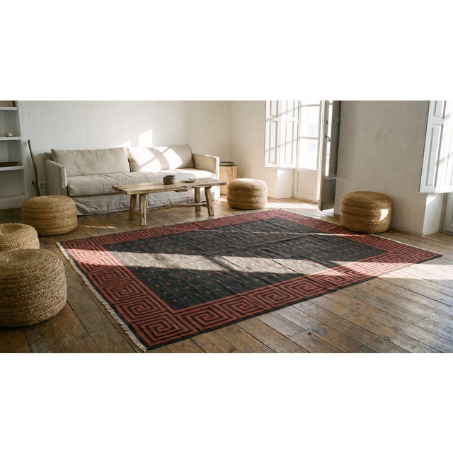 1920s Black Geometric Antique Indian Cotton Dhurrie Rug 8'3" X 12'9" Flatweave Carpet For Sale - Image 11 of 12