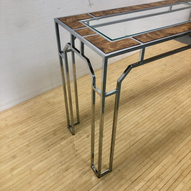 Burlwood & Chrome Console Table Attr Milo Baughman For Sale In Fayetteville, AR - Image 6 of 11
