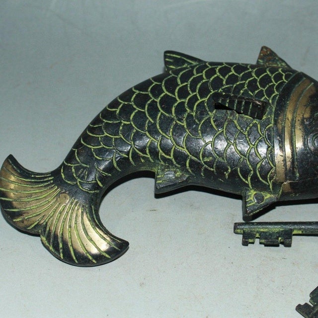 Vintage Nepalese Brass Fish Padlock With Skeleton Keys - Tibetan Style Lock For Sale In Los Angeles - Image 6 of 9