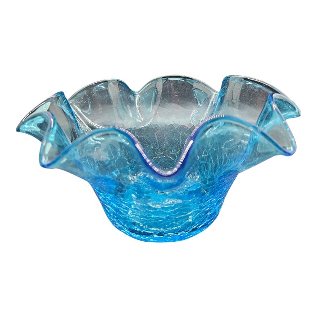 Vintage Blenko Blue Crackle Glass Ruffled Bowl. For Sale