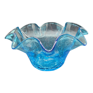 Vintage Blenko Blue Crackle Glass Ruffled Bowl.