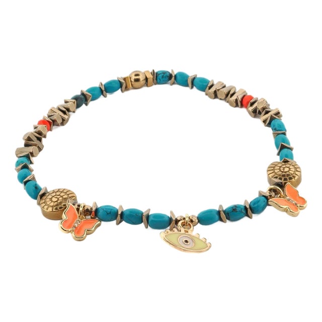 Evil Eye & Butterfly Sunset Glow Beaded Anklet For Sale
