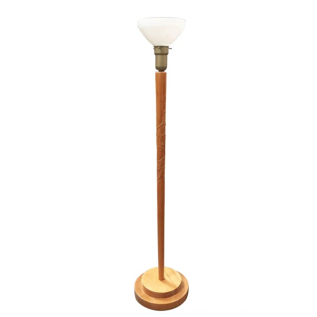 Russel Wright style Mid-Century hand-carved wood torchiere floor lamp pair with milk glass shades.