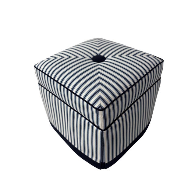American Pair of Custom Blue & Cream Striped Upholstered Ottomans in Perennials Fabric For Sale - Image 3 of 4