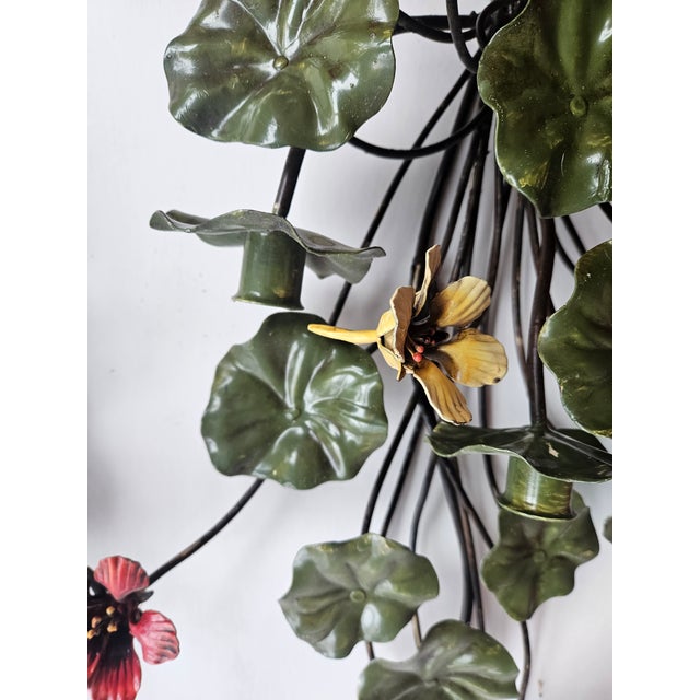 Wonderful 50s Tole 3 Candle Wall Sconces With Nastirtium Flowers and Leaves - A Pair For Sale - Image 4 of 6