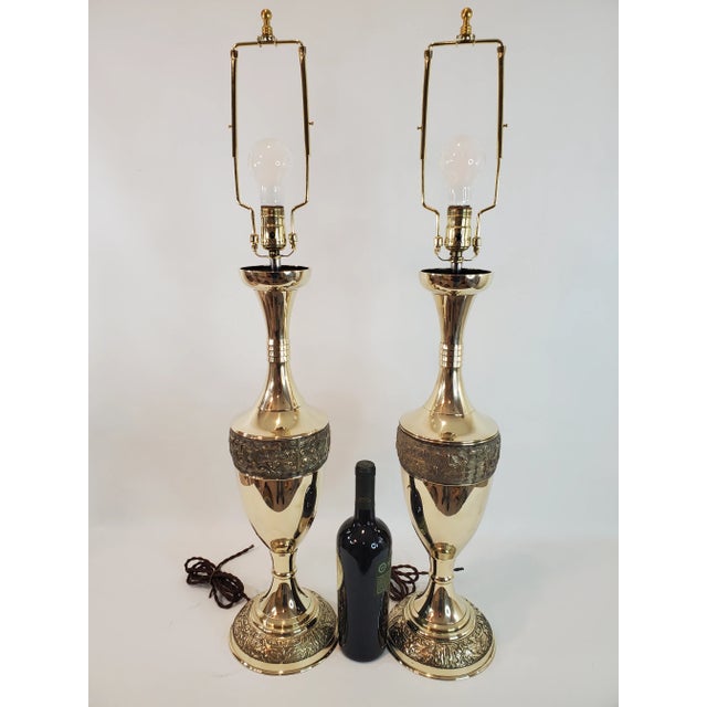 Art Deco Mid 20th Century James Mont Inspired Brass Urn Form Table Lamp Pair For Sale - Image 3 of 10