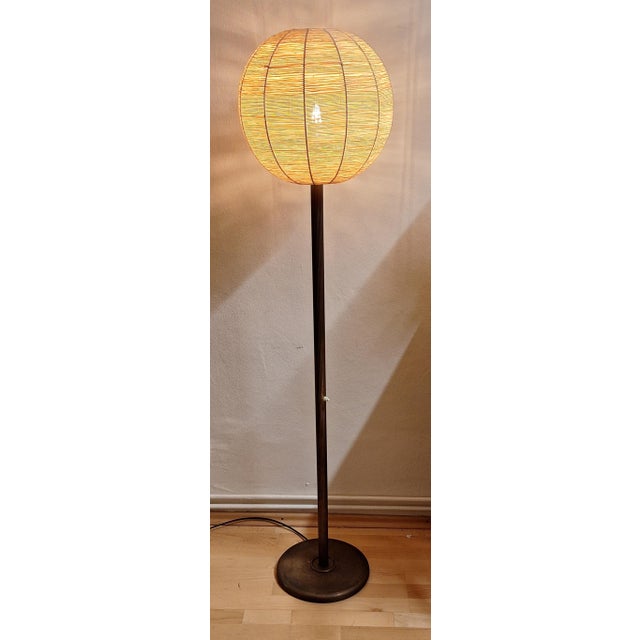 Mid-Century Floor Lamp with Brass Base and Cream-Colored Raffia Shade, 1960s For Sale - Image 13 of 13