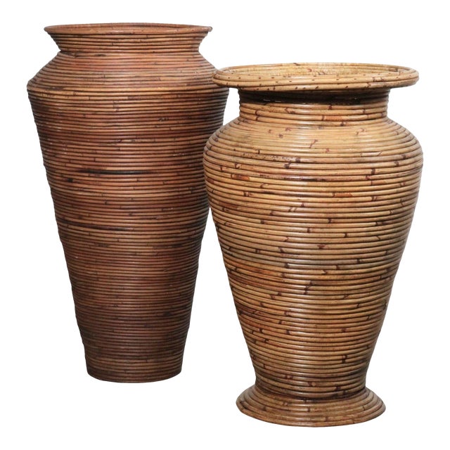 1970s Crespi Style Pencil Reed Floor Vases - A Pair For Sale