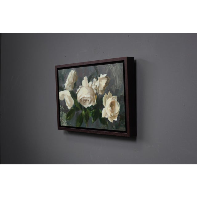 White Contemporary Roses III by Jon Doran | Oil on Panel Open White Roses on Grey Still Life For Sale - Image 8 of 9