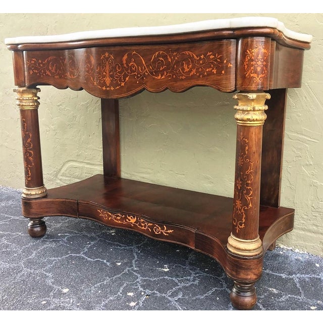 20th Century Marquetry Console Table With White Carrara Marble Top & Two Drawers For Sale - Image 9 of 13