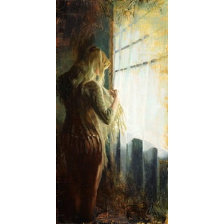 Light From the Window by Christopher Clark | Oil on wood panel Woman looking out a window with light streaming in. For Sale