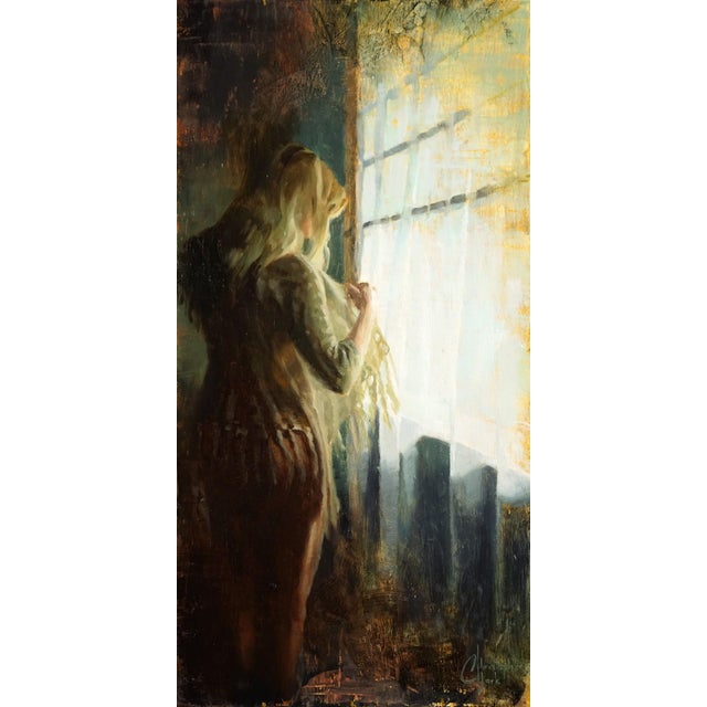 Light From the Window by Christopher Clark | Oil on wood panel Woman looking out a window with light streaming in. For Sale