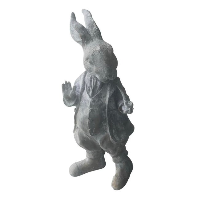 Metal Vintage Whimsical Cast Iron Dapper Rabbit Garden Statue Holding a Pipe For Sale - Image 7 of 12