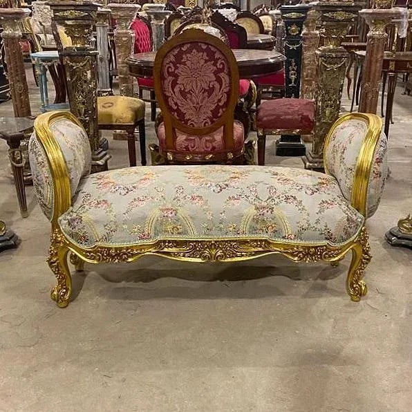 Stunning lovely bench/settee. This is fully refinished in gold and tufted in high end designer fabric. The frame has gold...