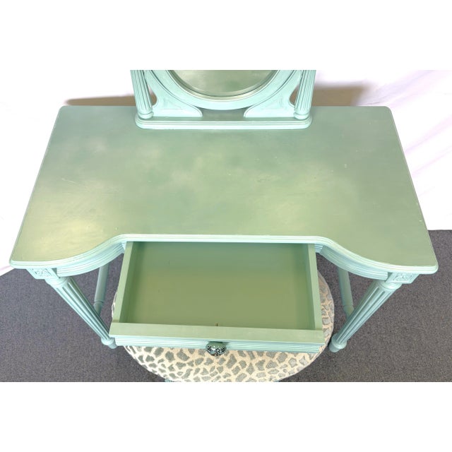 Vintage Vanity With Coordinating Stool Painted in an Ethereal Blue With New Upholstery For Sale - Image 18 of 18