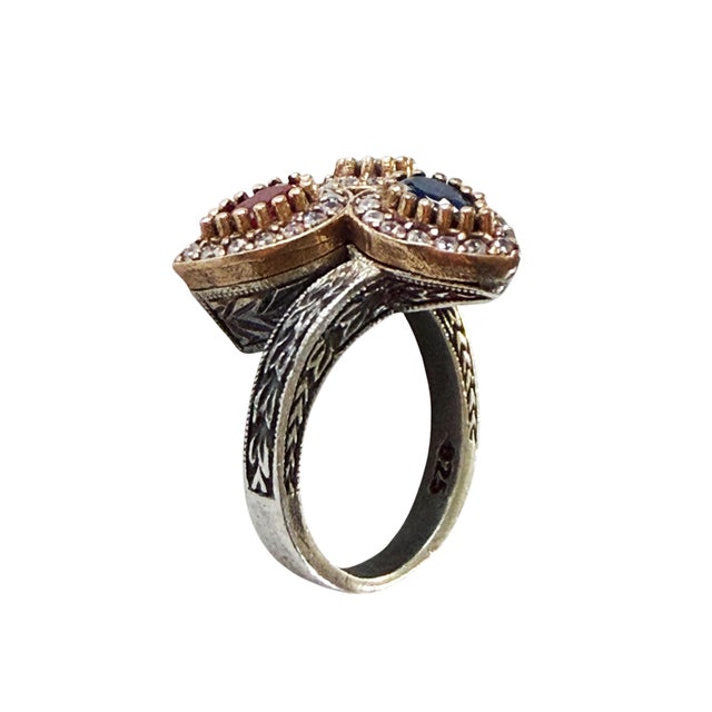 Vintage Natural Ruby, Emerald, Sapphire & Diamond Ring - 925 Sterling Silver Size 8 For Sale In New York - Image 6 of 9