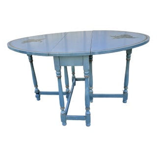 Vintage Hand-Painted Blue Gateleg Drop-Leaf Table With Bird Motif and Gilt Trim For Sale