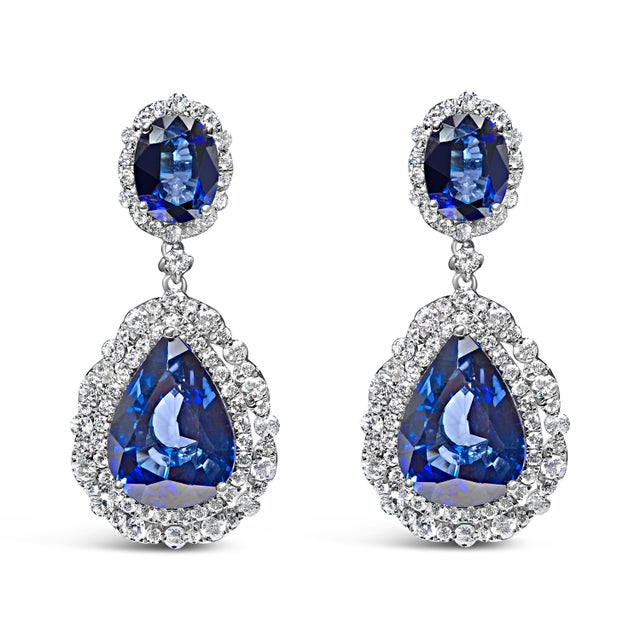 18K White Gold Blue Sapphire 2 3/4 Cttw Diamond Halo Drop Dangle Earring (G-H Color, SI1-SI2 Clarity For Sale
