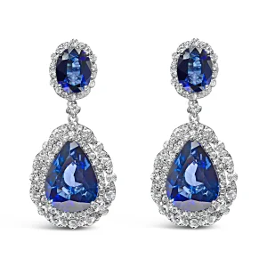 18K White Gold Blue Sapphire 2 3/4 Cttw Diamond Halo Drop Dangle Earring (G-H Color, SI1-SI2 Clarity