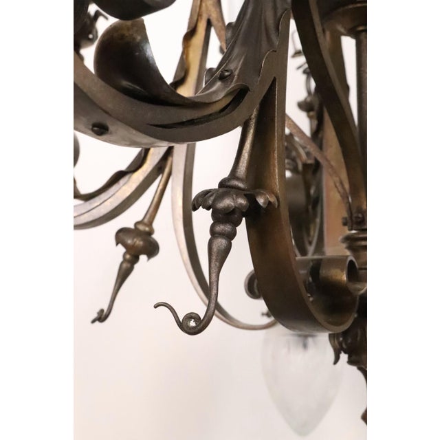Early 20th Century Cast Bronze Highly Ornate Chandelier With Original Etched Glass Down Shades For Sale - Image 15 of 16