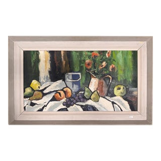 Large Mid-Century Modern Still Life Oil Painting With Fruit, Flowers & Pitchers, Signed For Sale